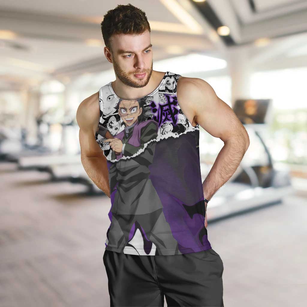 Genya Shinazugawa Demon Slayer Manga Panel Black and White Theme Men Tank Top with Purple Accents and Gun Action Pose - The Mazicc