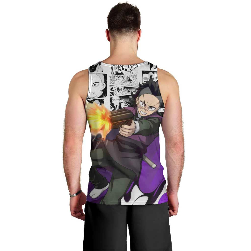 Genya Shinazugawa Demon Slayer Manga Panel Black and White Theme Men Tank Top with Purple Accents and Gun Action Pose - The Mazicc