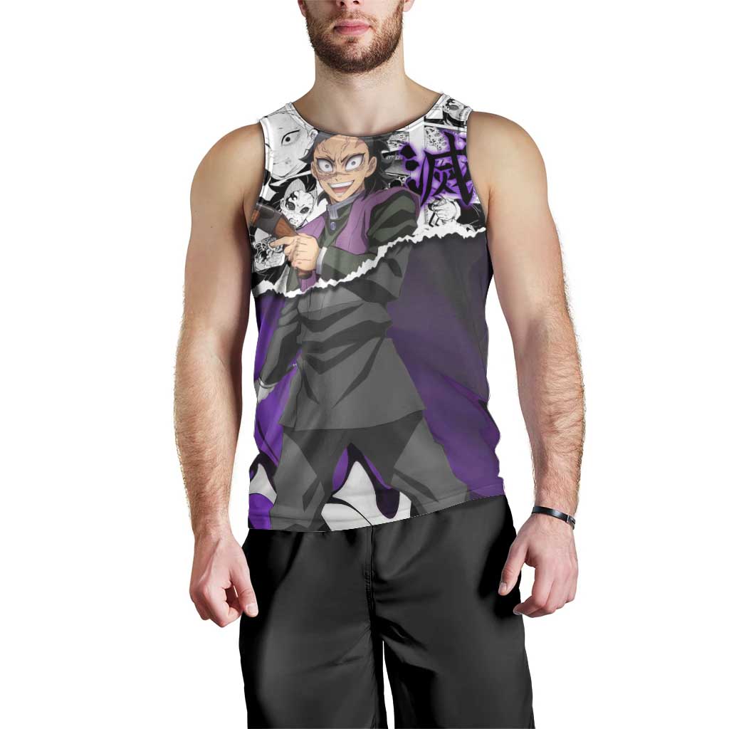 Genya Shinazugawa Demon Slayer Manga Panel Black and White Theme Men Tank Top with Purple Accents and Gun Action Pose - The Mazicc