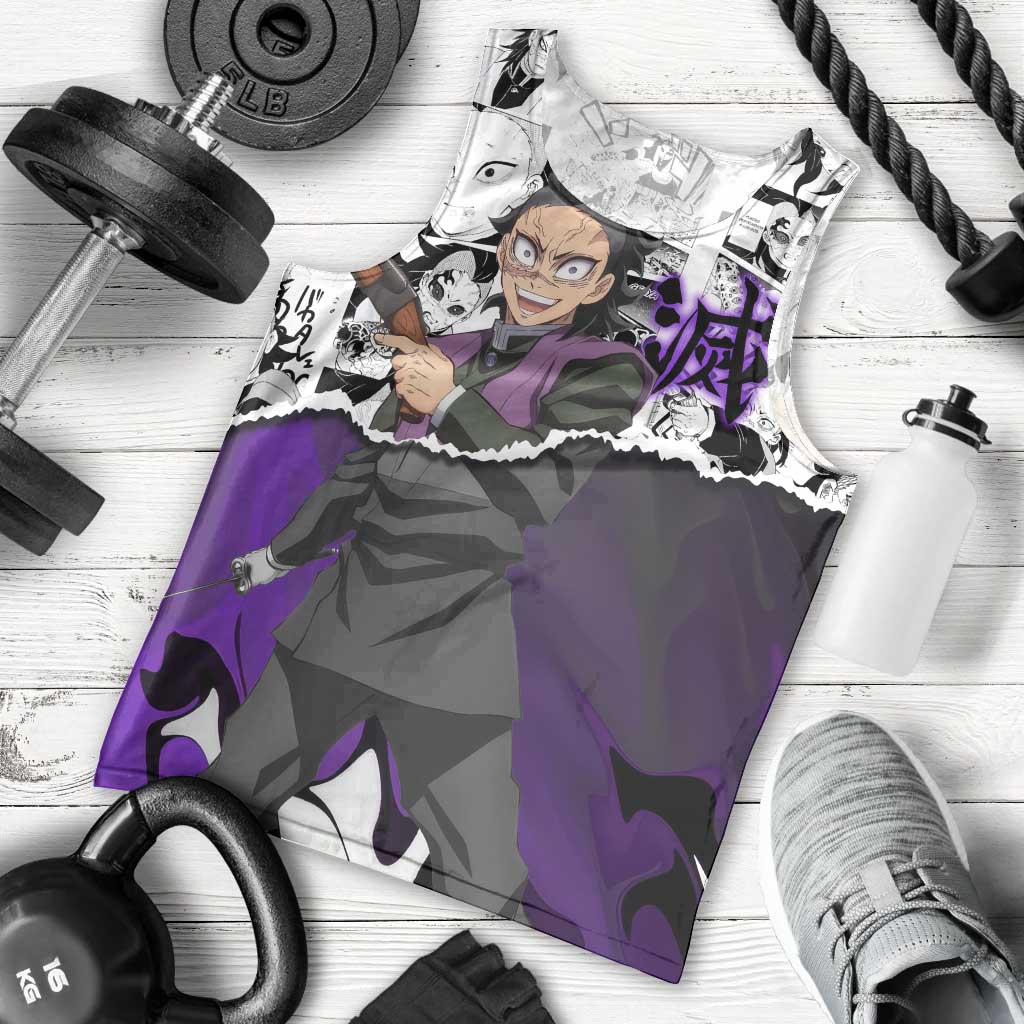 Genya Shinazugawa Demon Slayer Manga Panel Black and White Theme Men Tank Top with Purple Accents and Gun Action Pose - The Mazicc