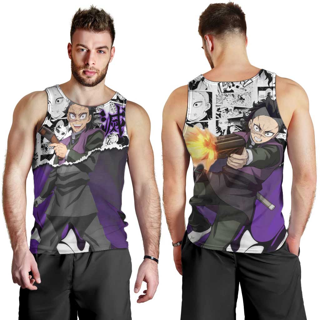 Genya Shinazugawa Demon Slayer Manga Panel Black and White Theme Men Tank Top with Purple Accents and Gun Action Pose - The Mazicc