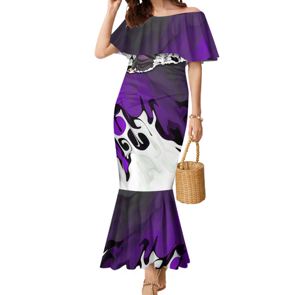 Genya Shinazugawa Demon Slayer Manga Panel Black and White Theme Mermaid Dress with Purple Accents and Gun Action Pose - The Mazicc