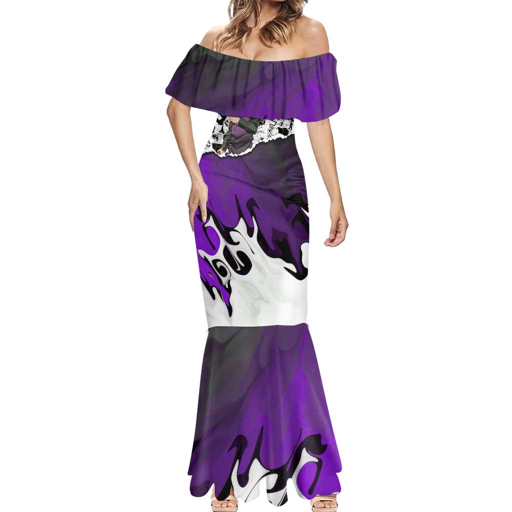 Genya Shinazugawa Demon Slayer Manga Panel Black and White Theme Mermaid Dress with Purple Accents and Gun Action Pose - The Mazicc