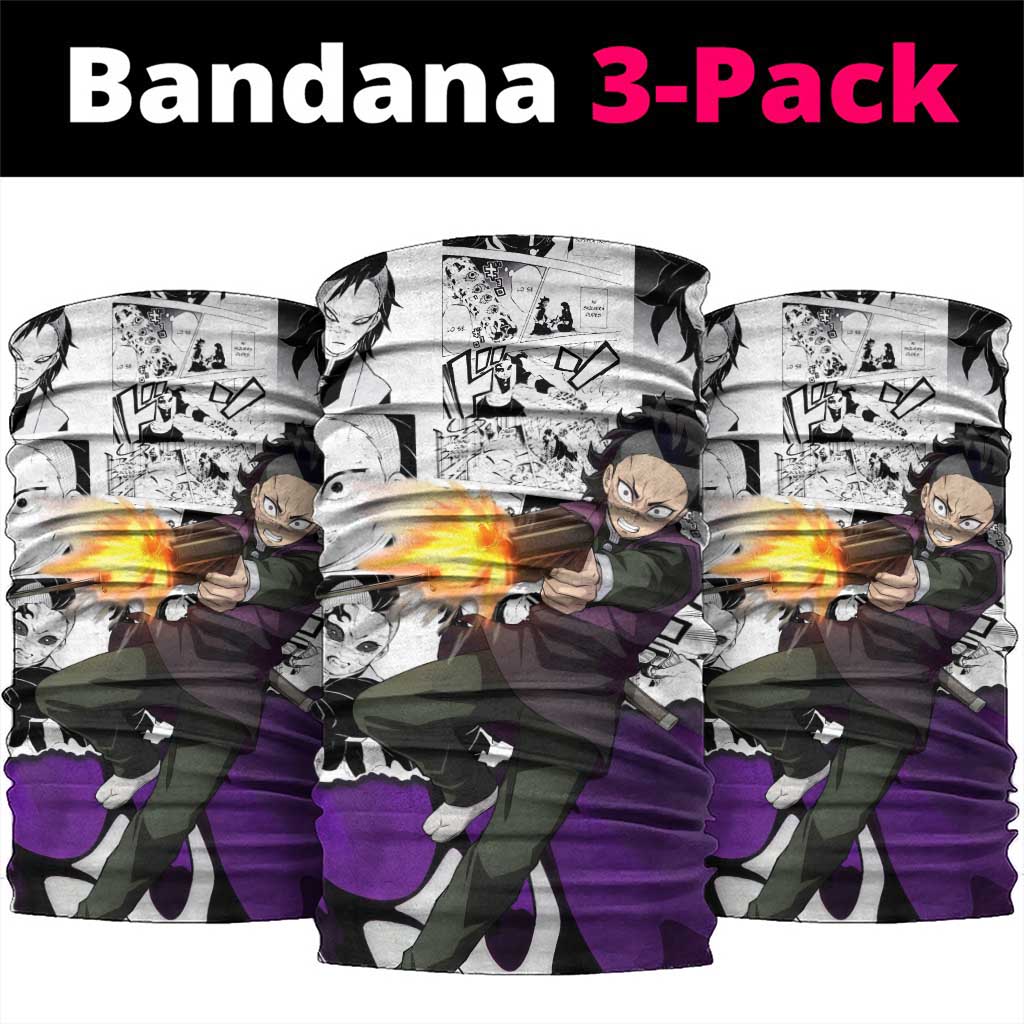 Genya Shinazugawa Demon Slayer Manga Panel Black and White Theme Neck Gaiter with Purple Accents and Gun Action Pose - The Mazicc