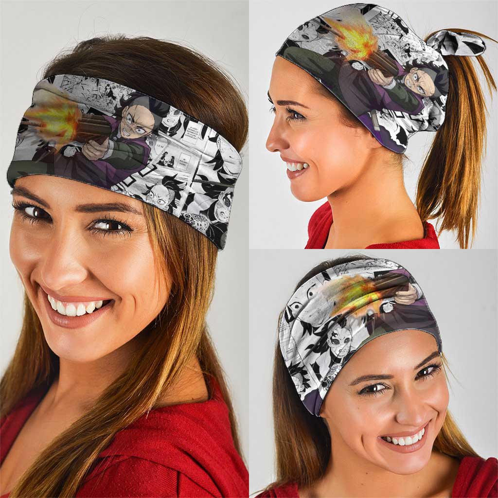 Genya Shinazugawa Demon Slayer Manga Panel Black and White Theme Neck Gaiter with Purple Accents and Gun Action Pose - The Mazicc
