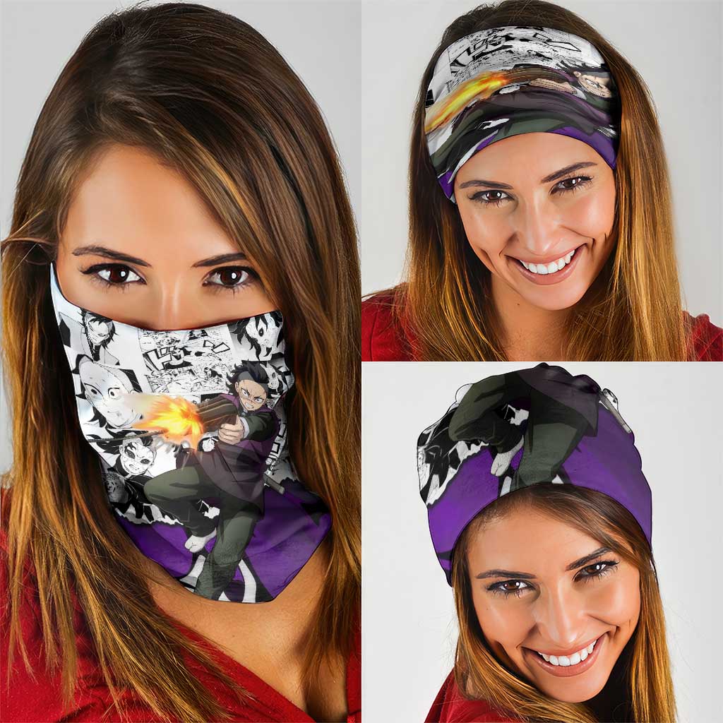 Genya Shinazugawa Demon Slayer Manga Panel Black and White Theme Neck Gaiter with Purple Accents and Gun Action Pose - The Mazicc