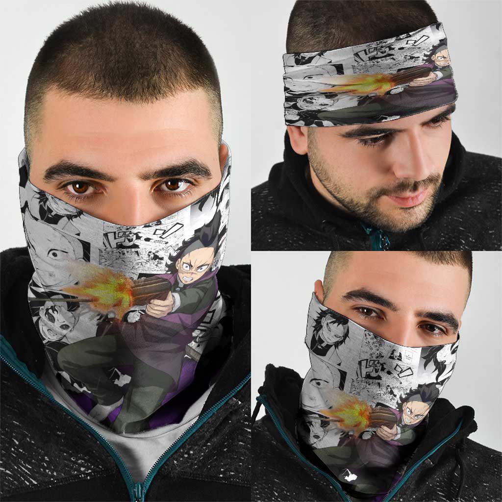 Genya Shinazugawa Demon Slayer Manga Panel Black and White Theme Neck Gaiter with Purple Accents and Gun Action Pose - The Mazicc