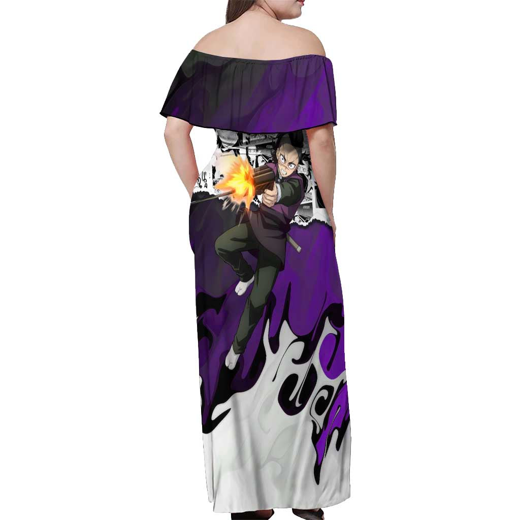 Genya Shinazugawa Demon Slayer Manga Panel Black and White Theme Off Shoulder Maxi Dress with Purple Accents and Gun Action Pose - The Mazicc