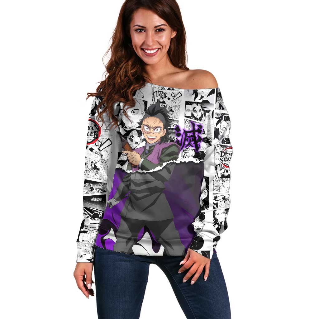 Genya Shinazugawa Demon Slayer Manga Panel Black and White Theme Off Shoulder Sweater with Purple Accents and Gun Action Pose - The Mazicc