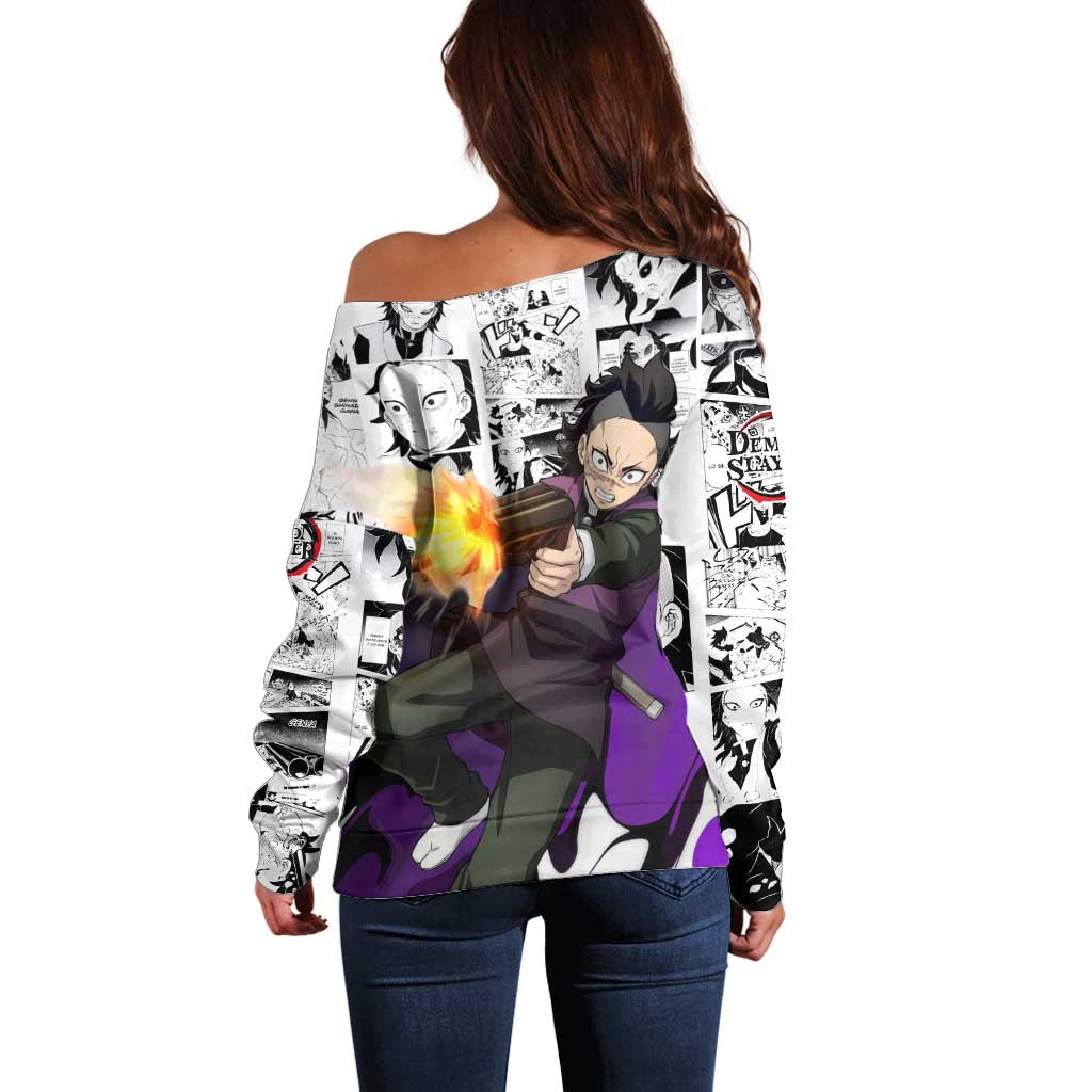 Genya Shinazugawa Demon Slayer Manga Panel Black and White Theme Off Shoulder Sweater with Purple Accents and Gun Action Pose - The Mazicc