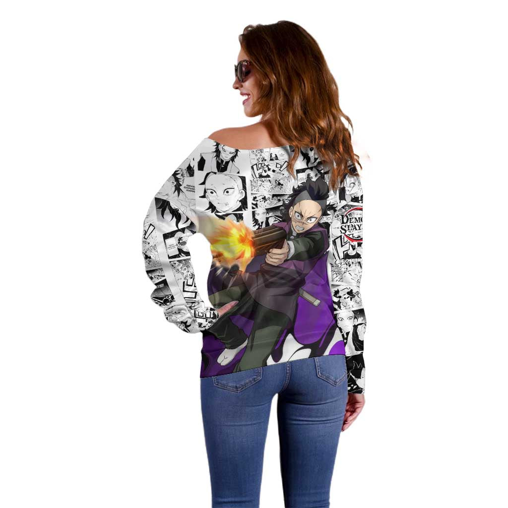 Genya Shinazugawa Demon Slayer Manga Panel Black and White Theme Off Shoulder Sweater with Purple Accents and Gun Action Pose - The Mazicc