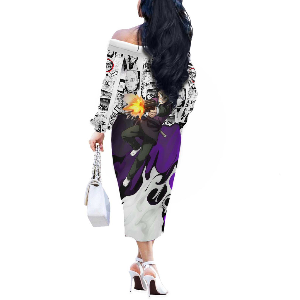 Genya Shinazugawa Demon Slayer Manga Panel Black and White Theme Off The Shoulder Long Sleeve Dress with Purple Accents and Gun Action Pose - The Mazicc