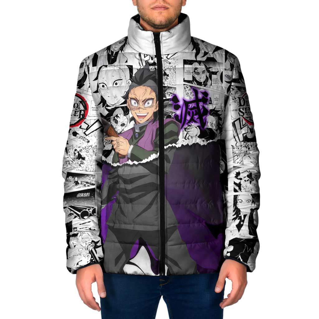 Genya Shinazugawa Demon Slayer Manga Panel Black and White Theme Padded Jacket with Purple Accents and Gun Action Pose - The Mazicc