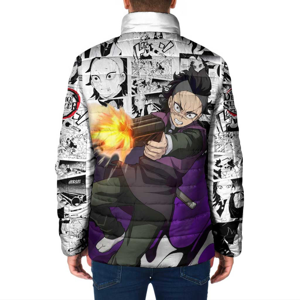 Genya Shinazugawa Demon Slayer Manga Panel Black and White Theme Padded Jacket with Purple Accents and Gun Action Pose - The Mazicc