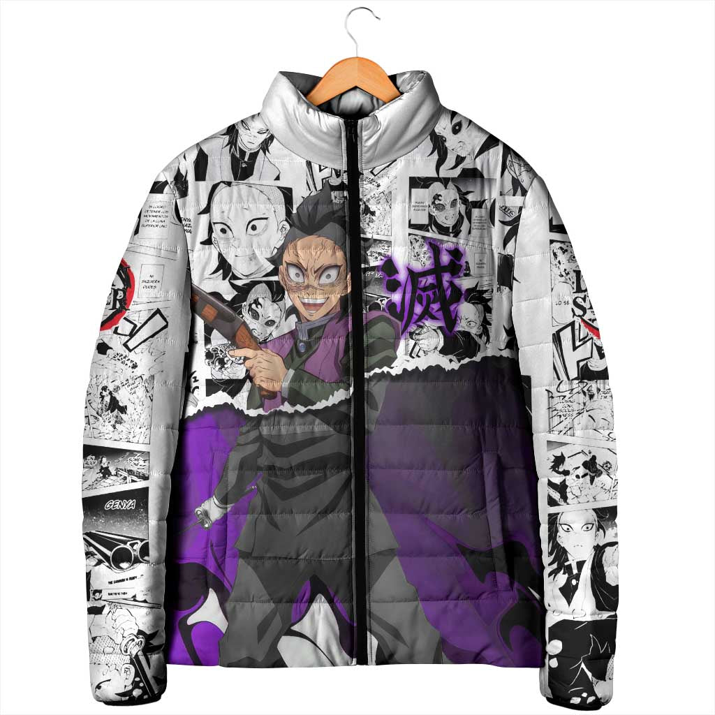 Genya Shinazugawa Demon Slayer Manga Panel Black and White Theme Padded Jacket with Purple Accents and Gun Action Pose - The Mazicc