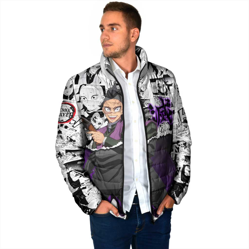Genya Shinazugawa Demon Slayer Manga Panel Black and White Theme Padded Jacket with Purple Accents and Gun Action Pose - The Mazicc
