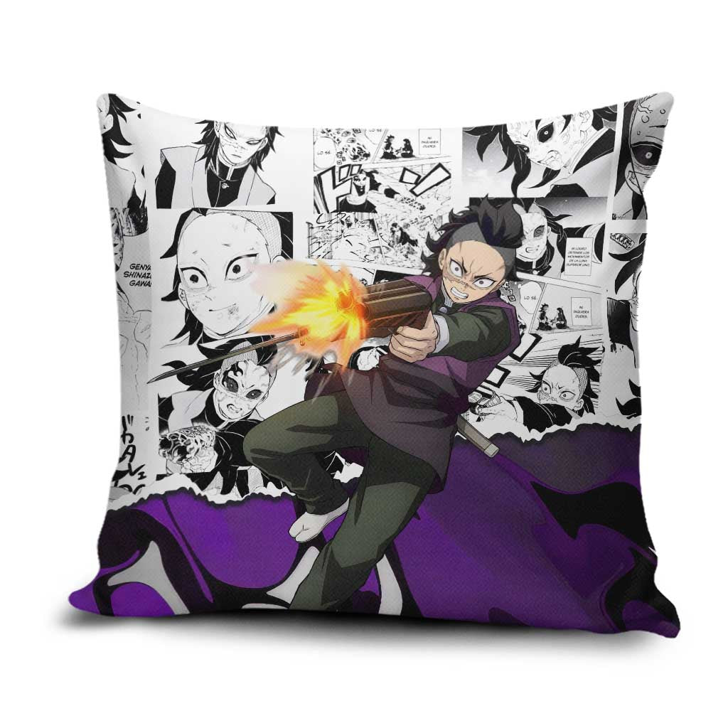 Genya Shinazugawa Demon Slayer Manga Panel Black and White Theme Pillow Cover with Purple Accents and Gun Action Pose - The Mazicc
