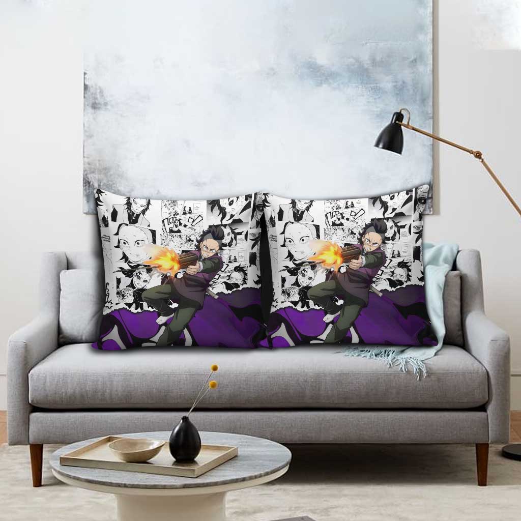 Genya Shinazugawa Demon Slayer Manga Panel Black and White Theme Pillow Cover with Purple Accents and Gun Action Pose - The Mazicc