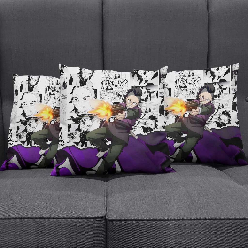 Genya Shinazugawa Demon Slayer Manga Panel Black and White Theme Pillow Cover with Purple Accents and Gun Action Pose - The Mazicc