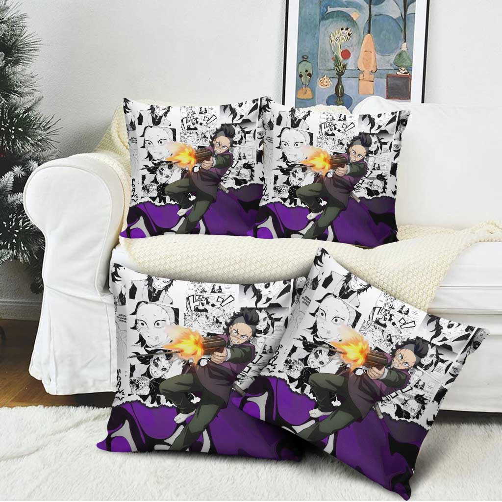 Genya Shinazugawa Demon Slayer Manga Panel Black and White Theme Pillow Cover with Purple Accents and Gun Action Pose - The Mazicc