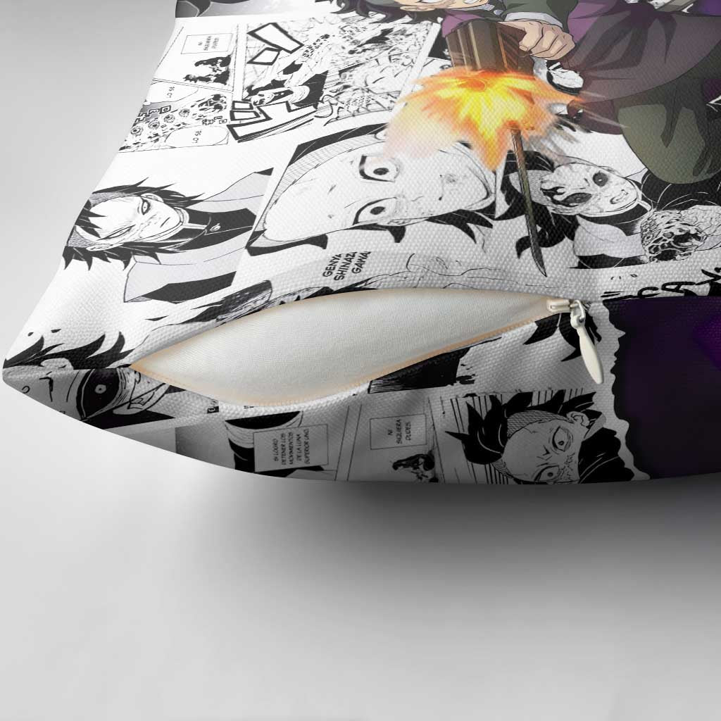 Genya Shinazugawa Demon Slayer Manga Panel Black and White Theme Pillow Cover with Purple Accents and Gun Action Pose - The Mazicc