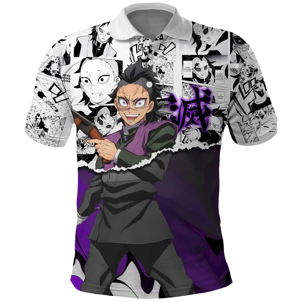 Genya Shinazugawa Demon Slayer Manga Panel Black and White Theme Polo Shirt with Purple Accents and Gun Action Pose - The Mazicc