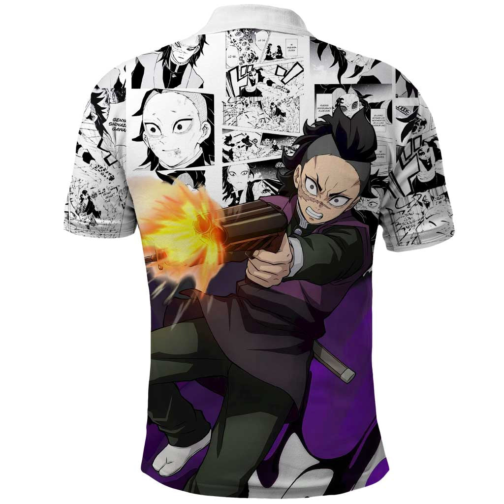 Genya Shinazugawa Demon Slayer Manga Panel Black and White Theme Polo Shirt with Purple Accents and Gun Action Pose - The Mazicc