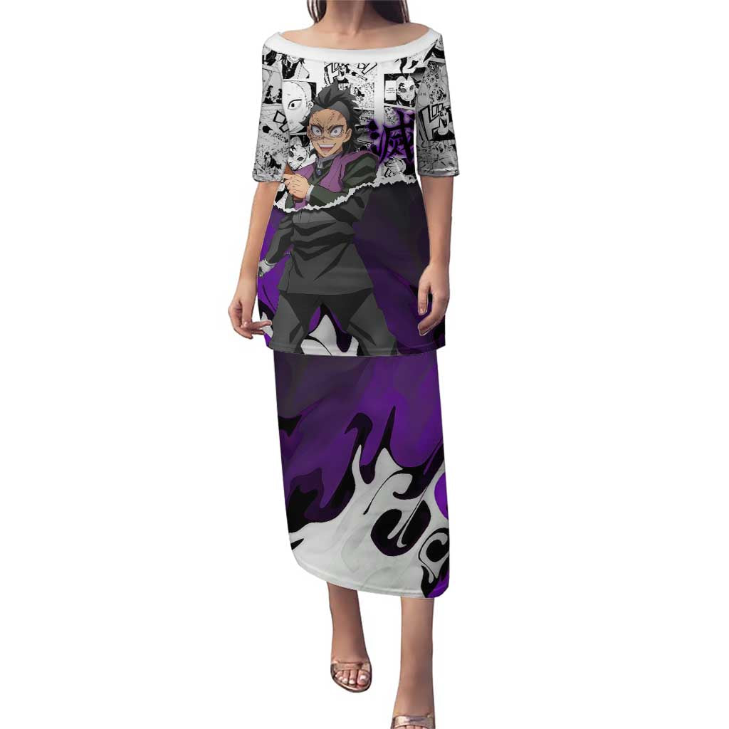 Genya Shinazugawa Demon Slayer Manga Panel Black and White Theme Puletasi with Purple Accents and Gun Action Pose - The Mazicc