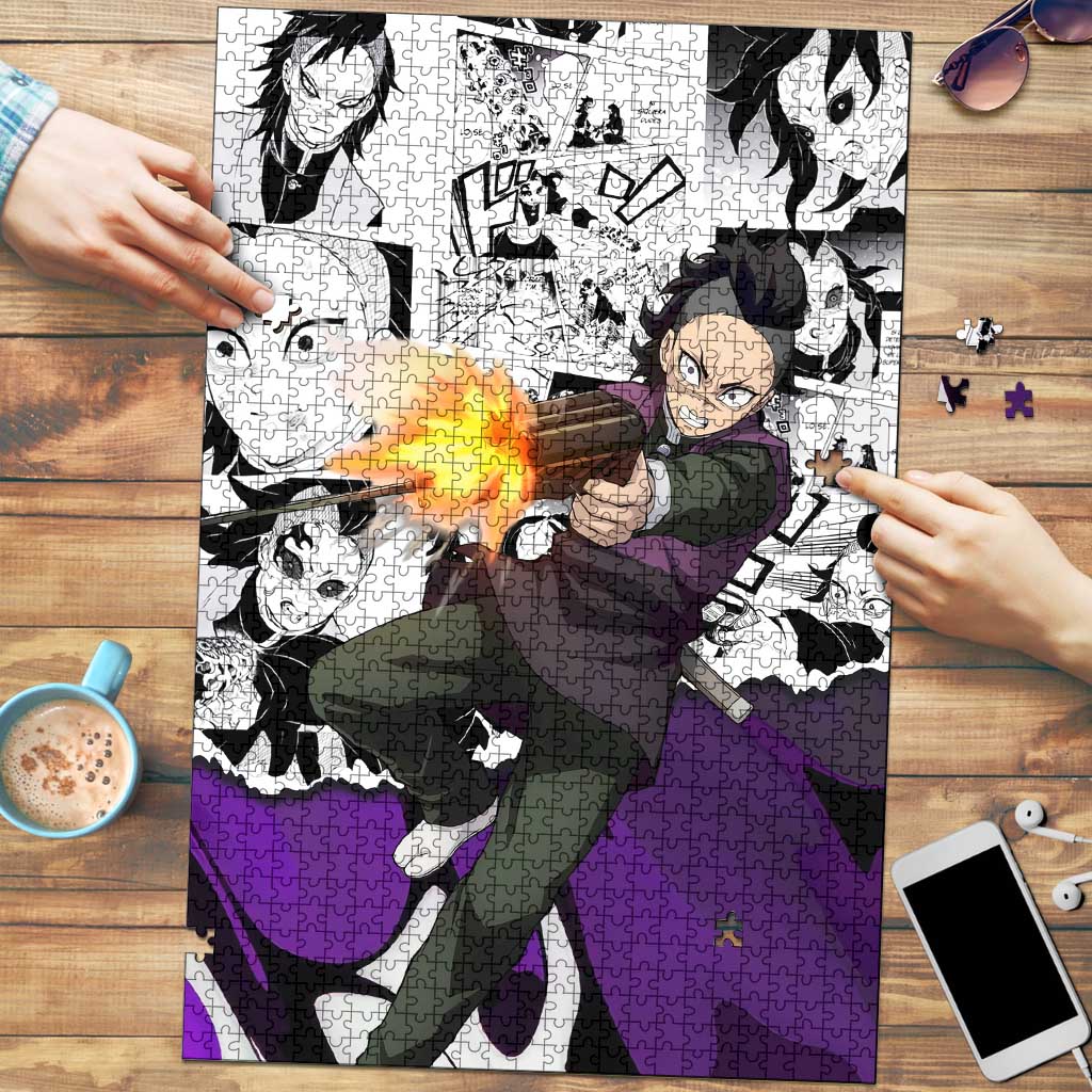 Genya Shinazugawa Demon Slayer Manga Panel Black and White Theme Puzzle with Purple Accents and Gun Action Pose - The Mazicc