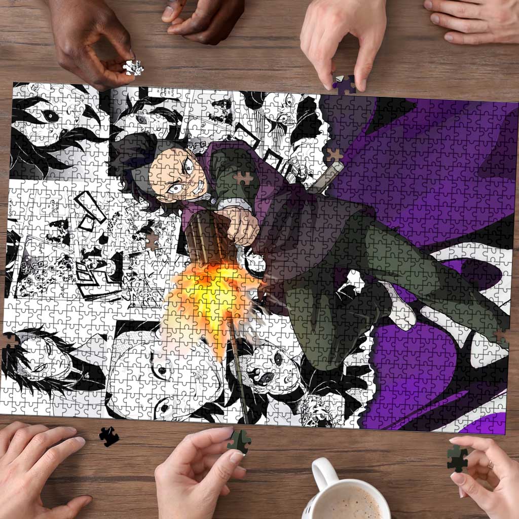 Genya Shinazugawa Demon Slayer Manga Panel Black and White Theme Puzzle with Purple Accents and Gun Action Pose - The Mazicc