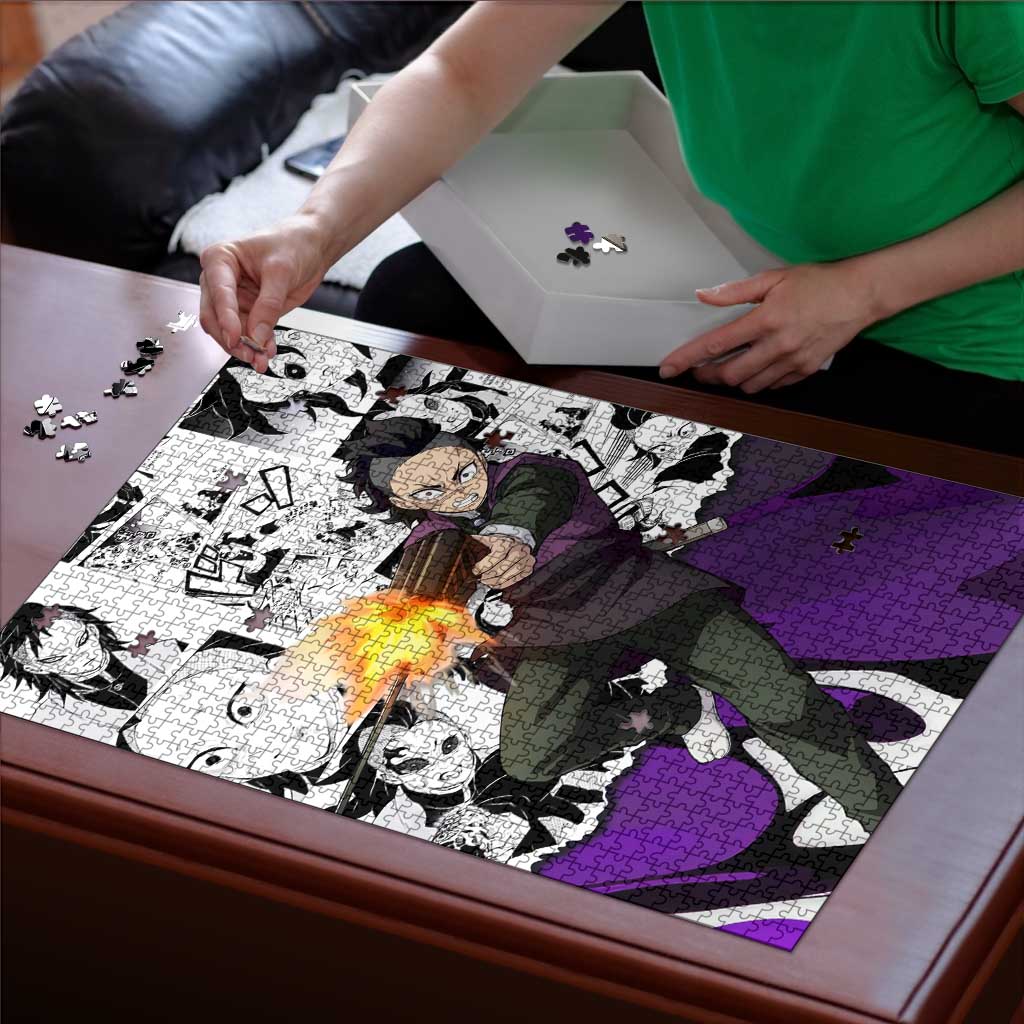 Genya Shinazugawa Demon Slayer Manga Panel Black and White Theme Puzzle with Purple Accents and Gun Action Pose - The Mazicc