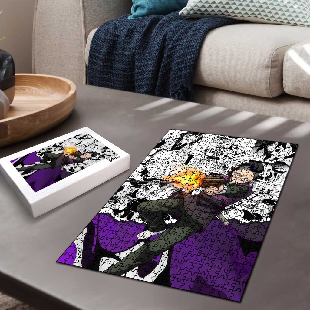 Genya Shinazugawa Demon Slayer Manga Panel Black and White Theme Puzzle with Purple Accents and Gun Action Pose - The Mazicc