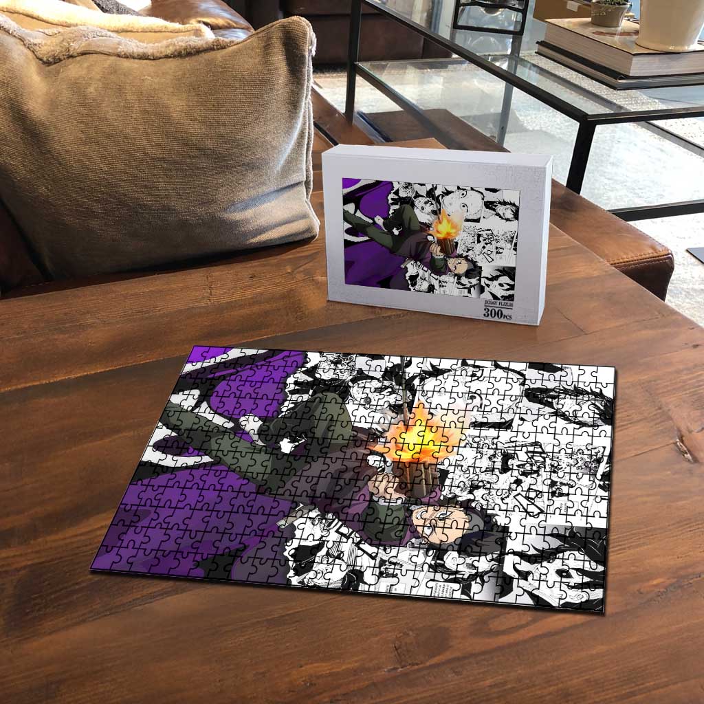 Genya Shinazugawa Demon Slayer Manga Panel Black and White Theme Puzzle with Purple Accents and Gun Action Pose - The Mazicc