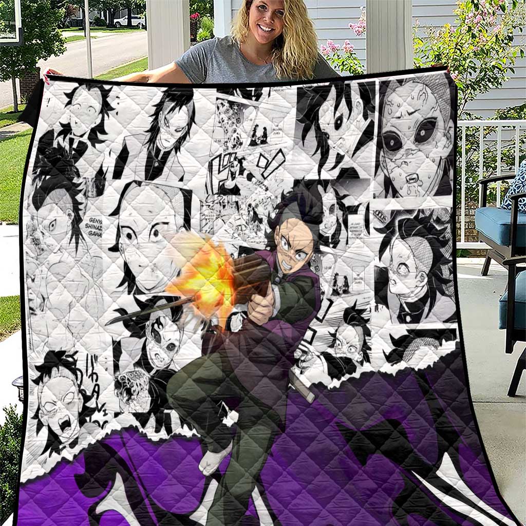 Genya Shinazugawa Demon Slayer Manga Panel Black and White Theme Quilt with Purple Accents and Gun Action Pose - The Mazicc