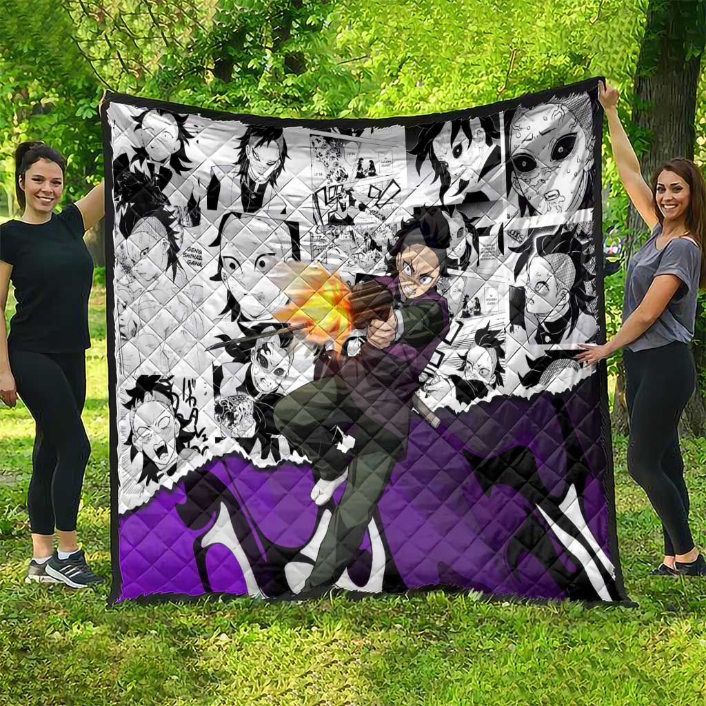 Genya Shinazugawa Demon Slayer Manga Panel Black and White Theme Quilt with Purple Accents and Gun Action Pose - The Mazicc