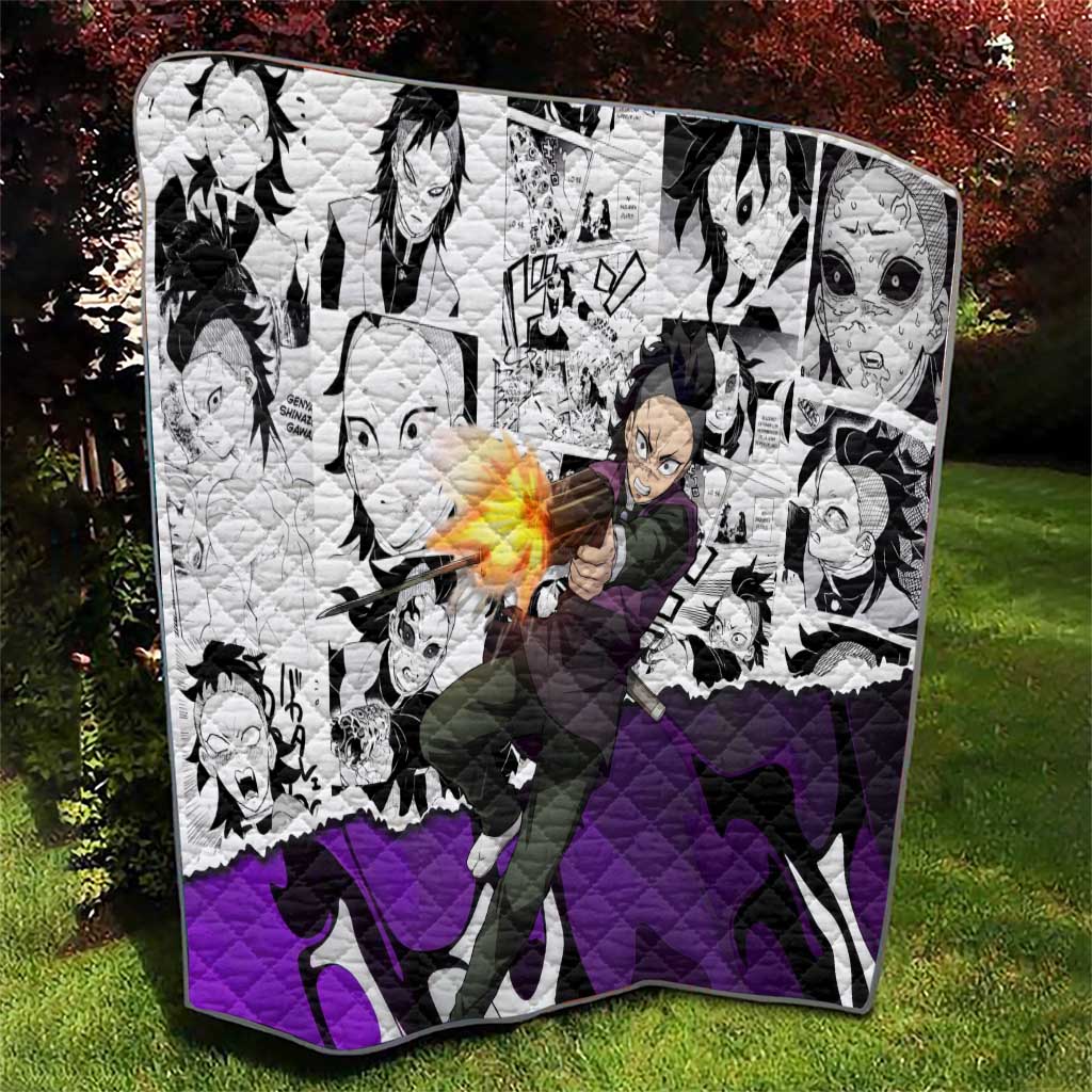 Genya Shinazugawa Demon Slayer Manga Panel Black and White Theme Quilt with Purple Accents and Gun Action Pose - The Mazicc