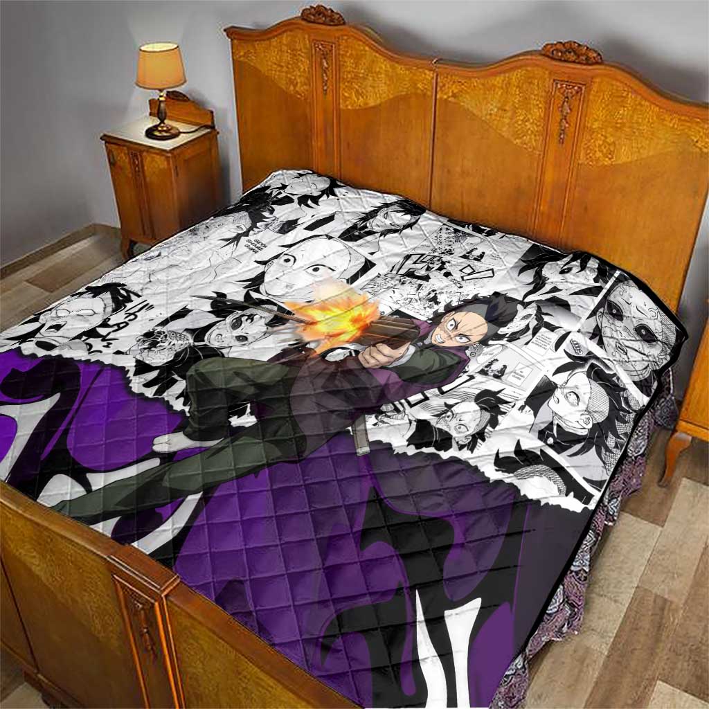 Genya Shinazugawa Demon Slayer Manga Panel Black and White Theme Quilt with Purple Accents and Gun Action Pose - The Mazicc