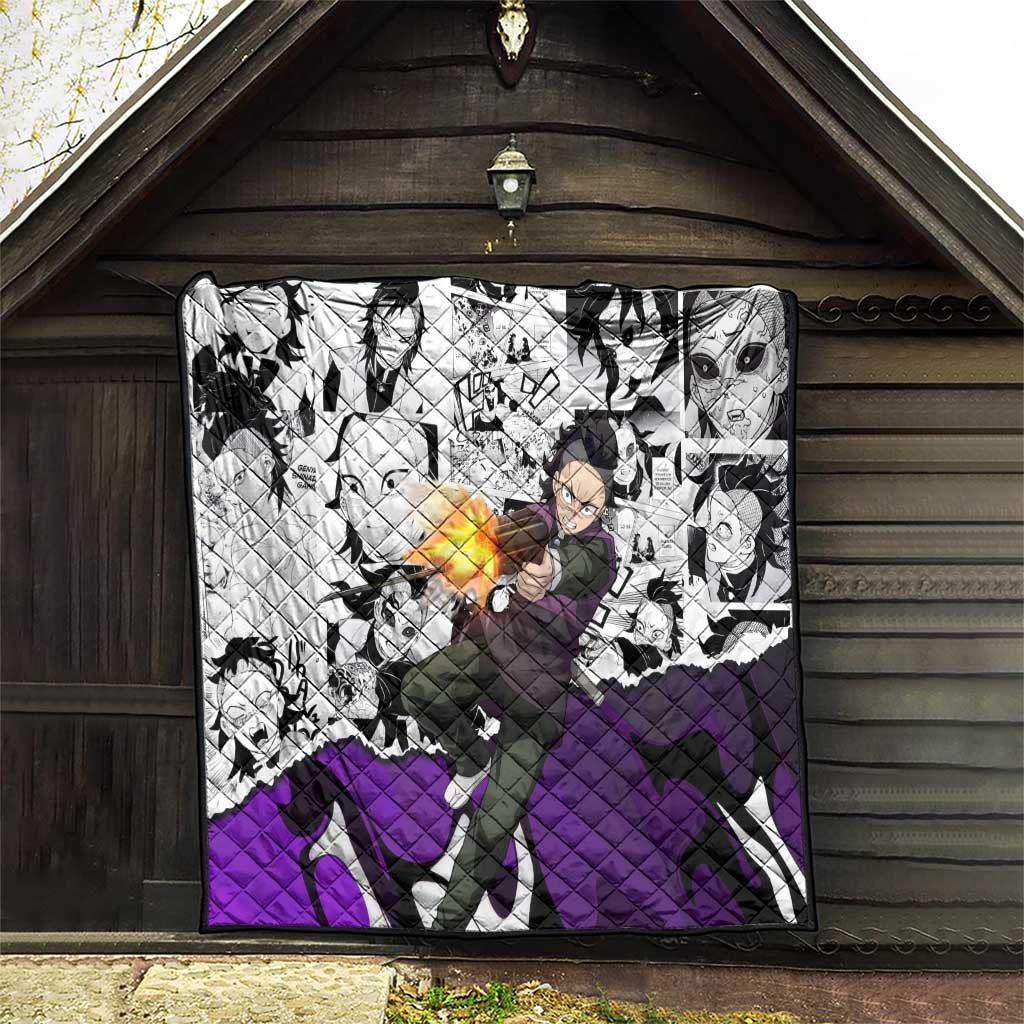 Genya Shinazugawa Demon Slayer Manga Panel Black and White Theme Quilt with Purple Accents and Gun Action Pose - The Mazicc