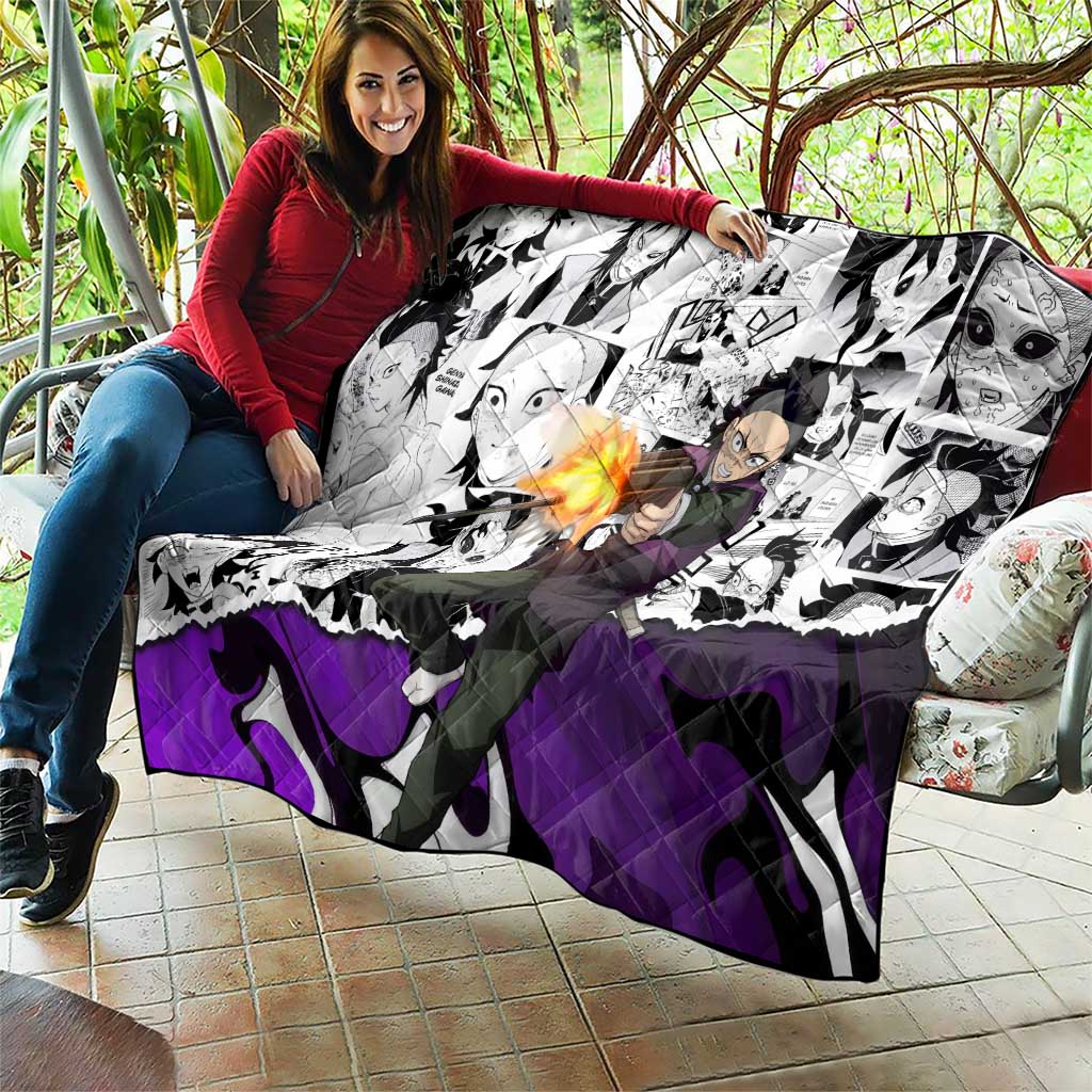 Genya Shinazugawa Demon Slayer Manga Panel Black and White Theme Quilt with Purple Accents and Gun Action Pose - The Mazicc