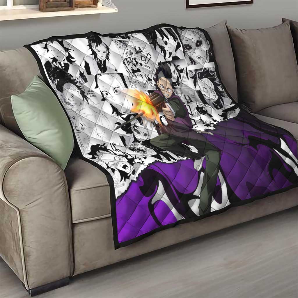 Genya Shinazugawa Demon Slayer Manga Panel Black and White Theme Quilt with Purple Accents and Gun Action Pose - The Mazicc