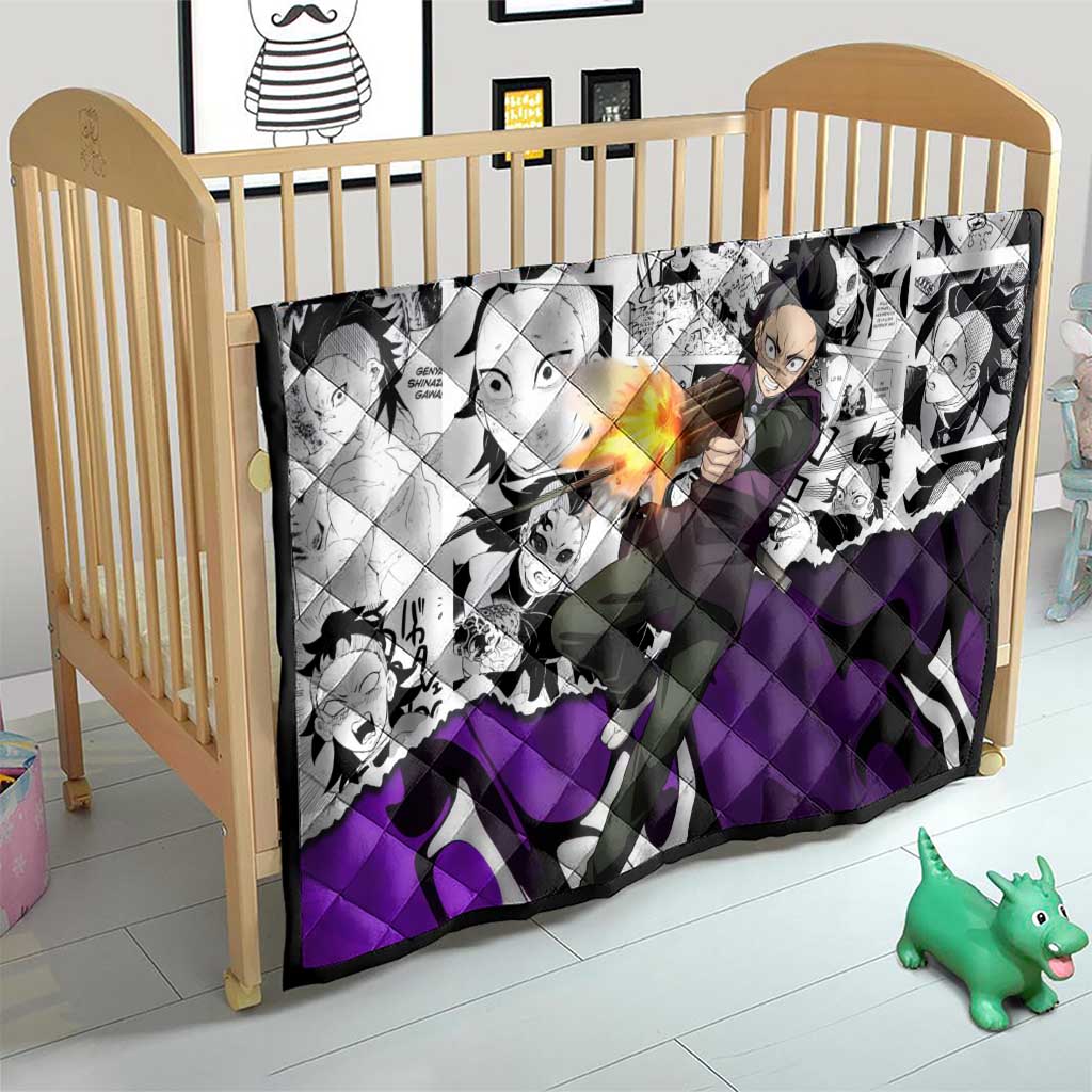 Genya Shinazugawa Demon Slayer Manga Panel Black and White Theme Quilt with Purple Accents and Gun Action Pose - The Mazicc