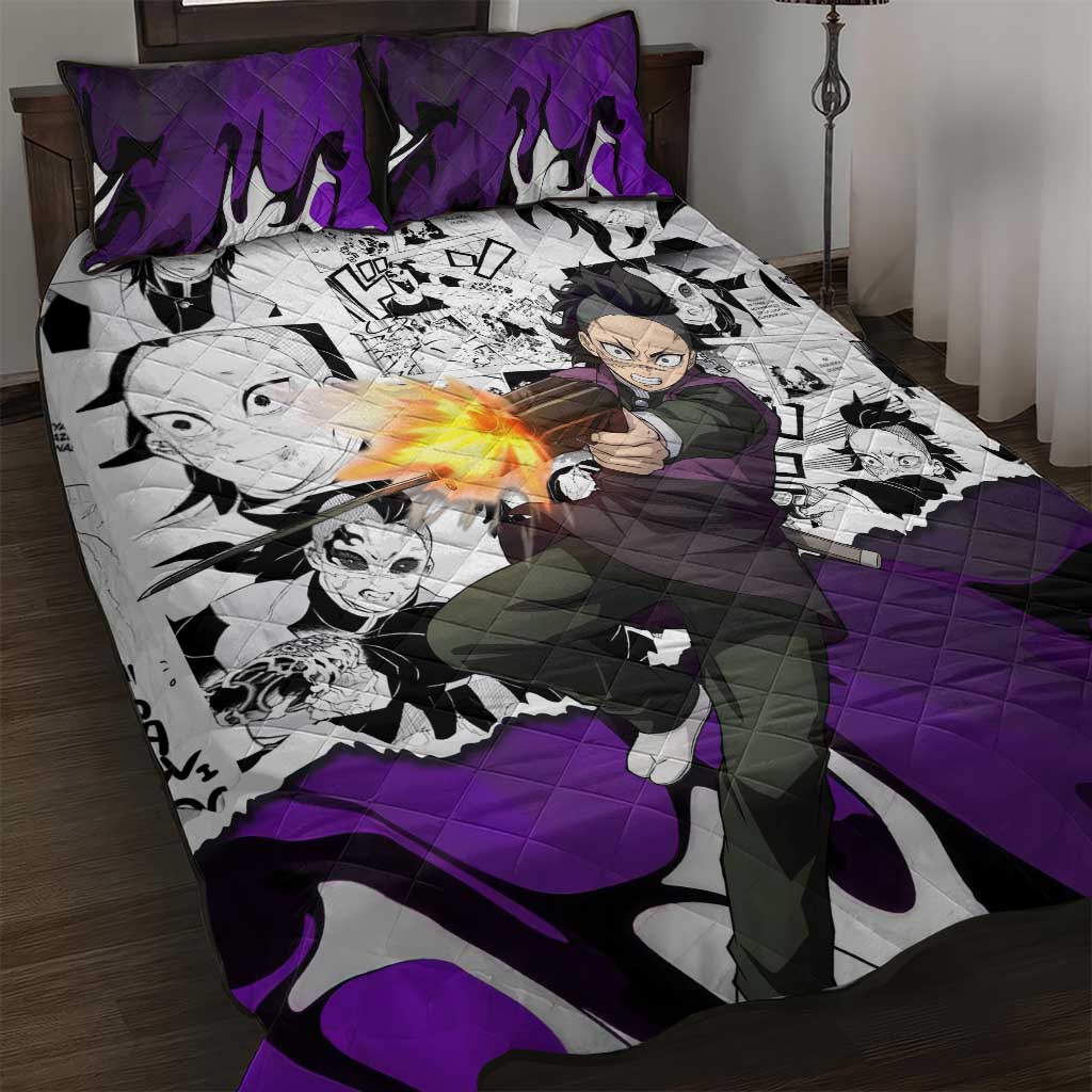 Genya Shinazugawa Demon Slayer Manga Panel Black and White Theme Quilt Bed Set with Purple Accents and Gun Action Pose - The Mazicc