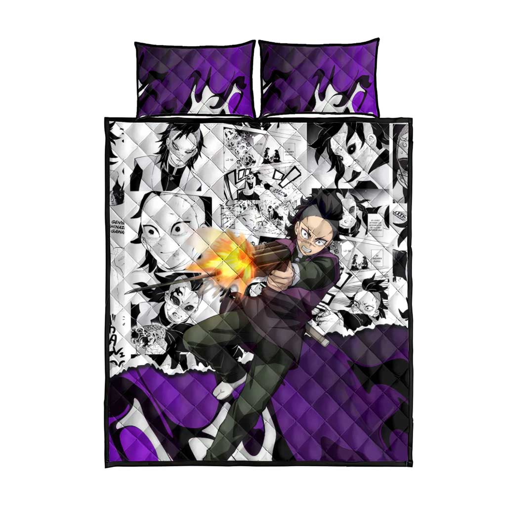 Genya Shinazugawa Demon Slayer Manga Panel Black and White Theme Quilt Bed Set with Purple Accents and Gun Action Pose - The Mazicc