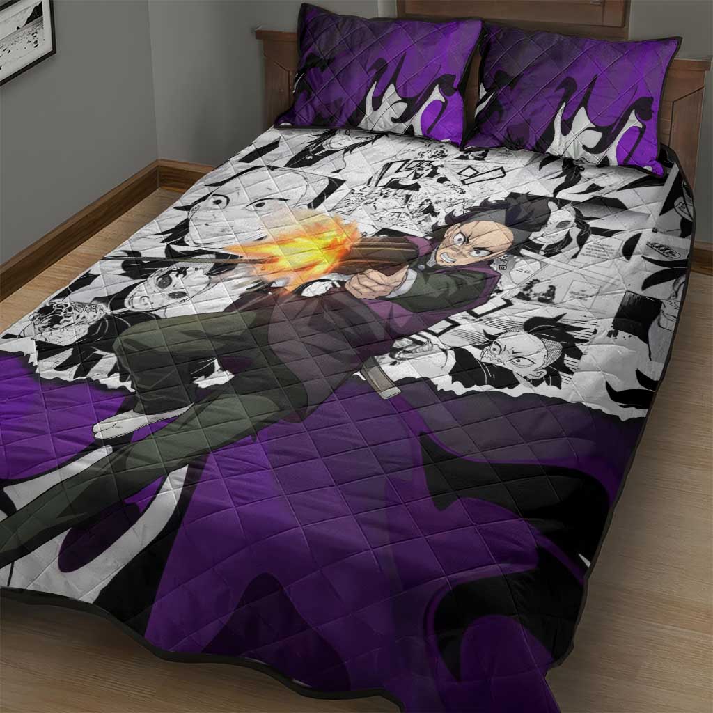 Genya Shinazugawa Demon Slayer Manga Panel Black and White Theme Quilt Bed Set with Purple Accents and Gun Action Pose - The Mazicc