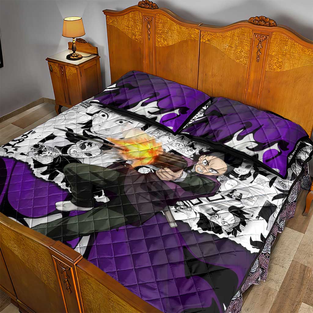 Genya Shinazugawa Demon Slayer Manga Panel Black and White Theme Quilt Bed Set with Purple Accents and Gun Action Pose - The Mazicc