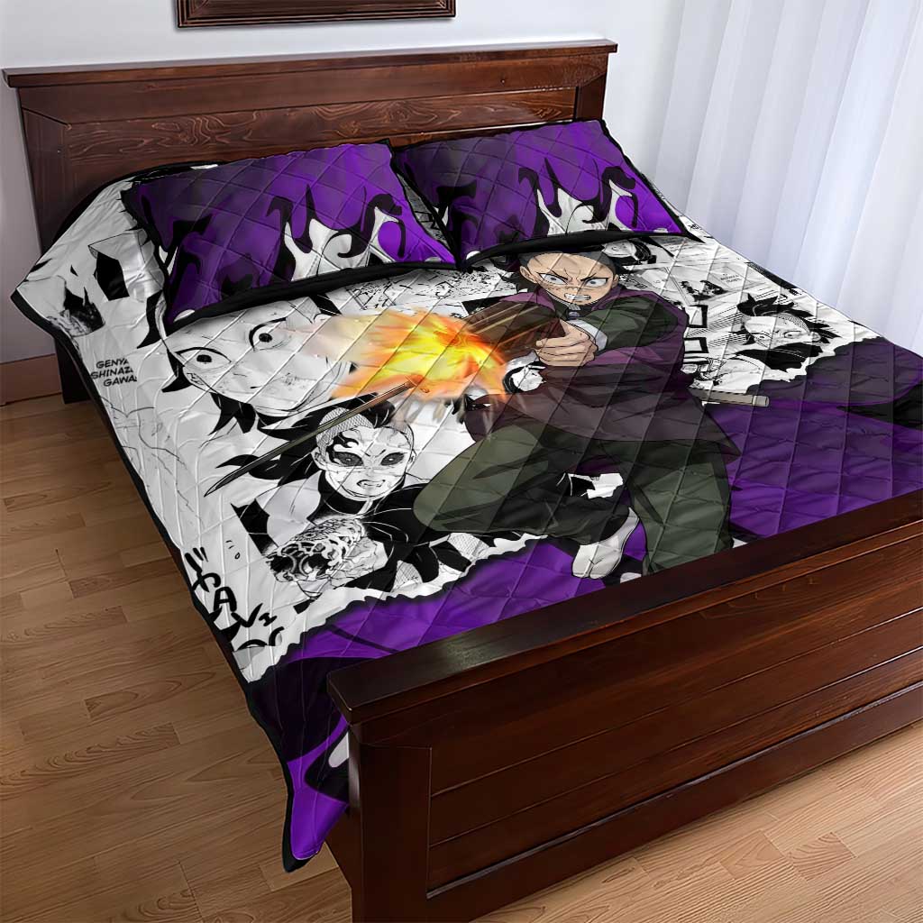 Genya Shinazugawa Demon Slayer Manga Panel Black and White Theme Quilt Bed Set with Purple Accents and Gun Action Pose - The Mazicc