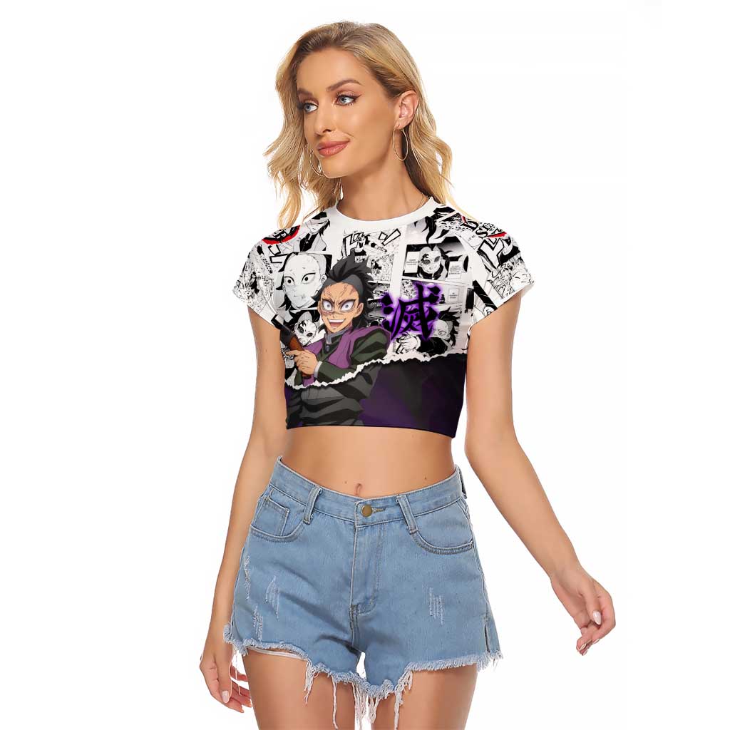Genya Shinazugawa Demon Slayer Manga Panel Black and White Theme Raglan Cropped T Shirt with Purple Accents and Gun Action Pose - The Mazicc