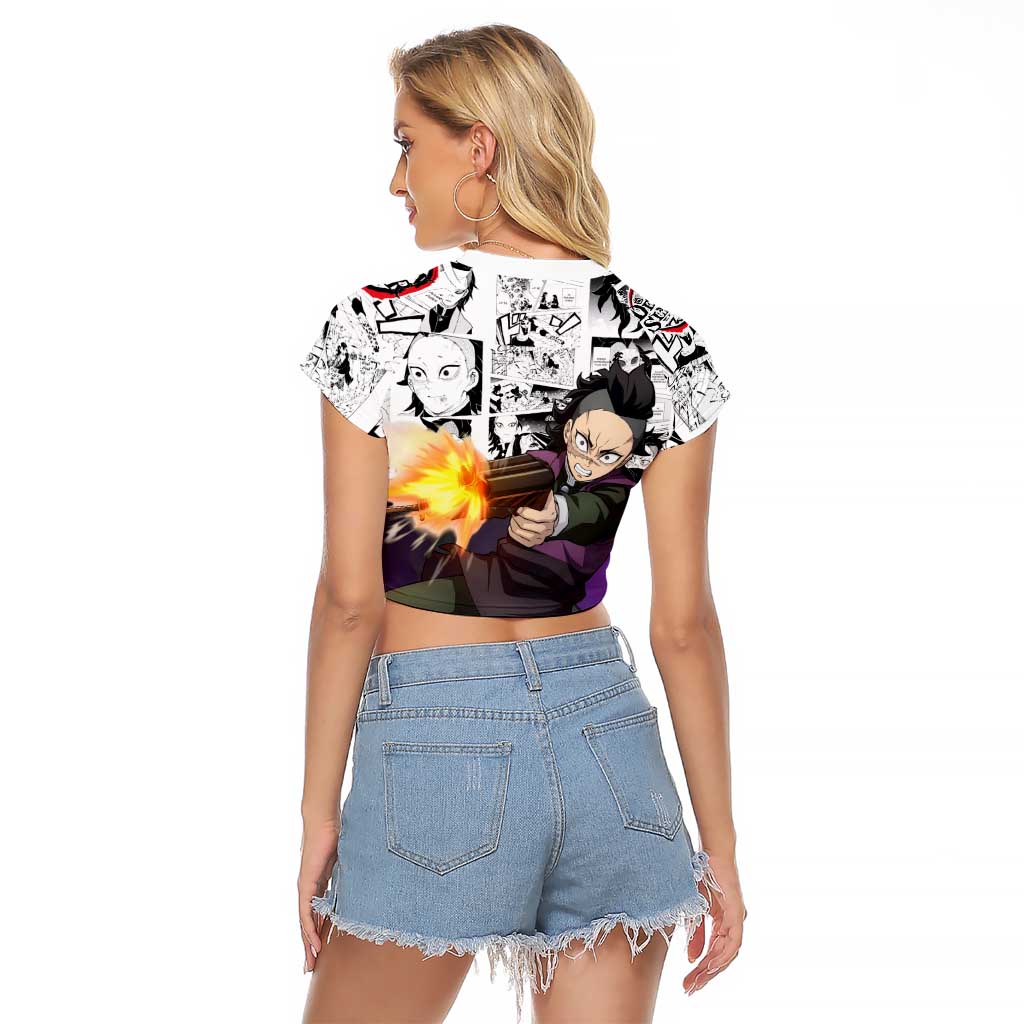 Genya Shinazugawa Demon Slayer Manga Panel Black and White Theme Raglan Cropped T Shirt with Purple Accents and Gun Action Pose - The Mazicc