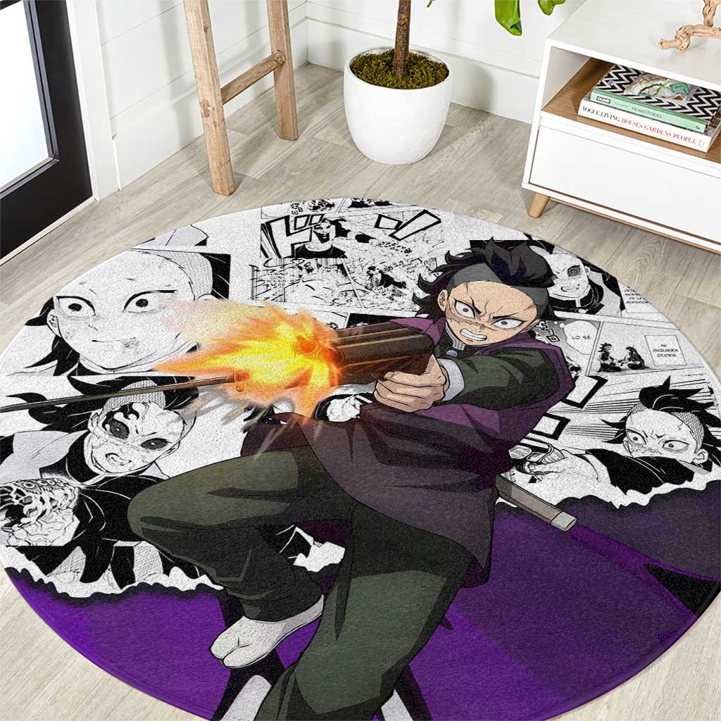 Genya Shinazugawa Demon Slayer Manga Panel Black and White Theme Round Carpet with Purple Accents and Gun Action Pose - The Mazicc