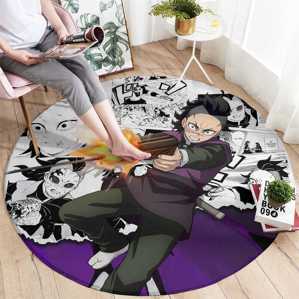 Genya Shinazugawa Demon Slayer Manga Panel Black and White Theme Round Carpet with Purple Accents and Gun Action Pose - The Mazicc